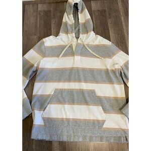 Lands’ End Men’s Rugby Shirt Hooded Gray Striped Front Pocket Henley Medium